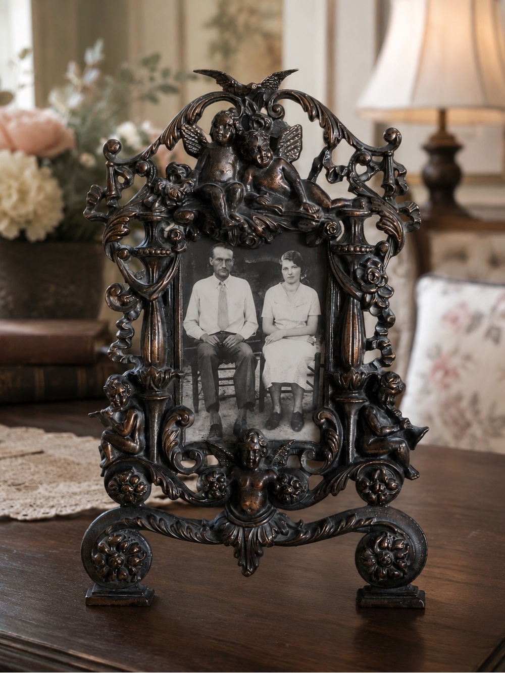 Victorian Ornate Cast Iron frame Antique Cast Iron 14.25" x 9" Cherubs frame